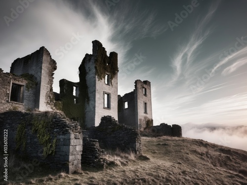 Mysterious Ruins of an Abandoned Castle on a Windswept Hilltop. photo