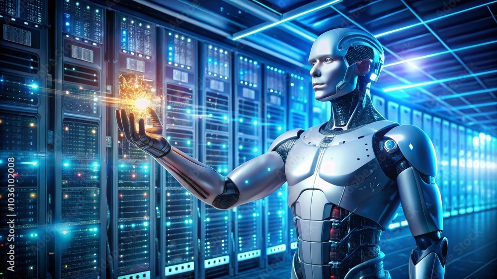 Robot is holding a glowing orb of data, representing the power and potential of artificial intelligence in a server room Robot is holding a glowing orb of data, representing the power and potential of artificial intelligence in a server room