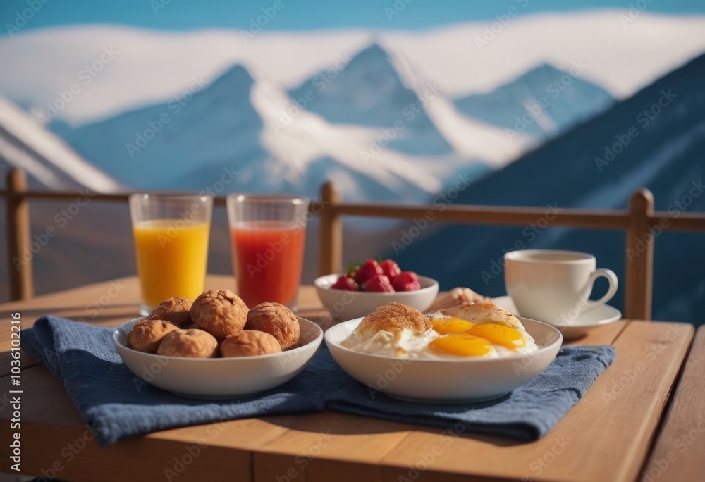 Breakfast with coffee, croissants, fruits and juice in the mountains Breakfast with coffee, croissants, fruits and juice in the mountains