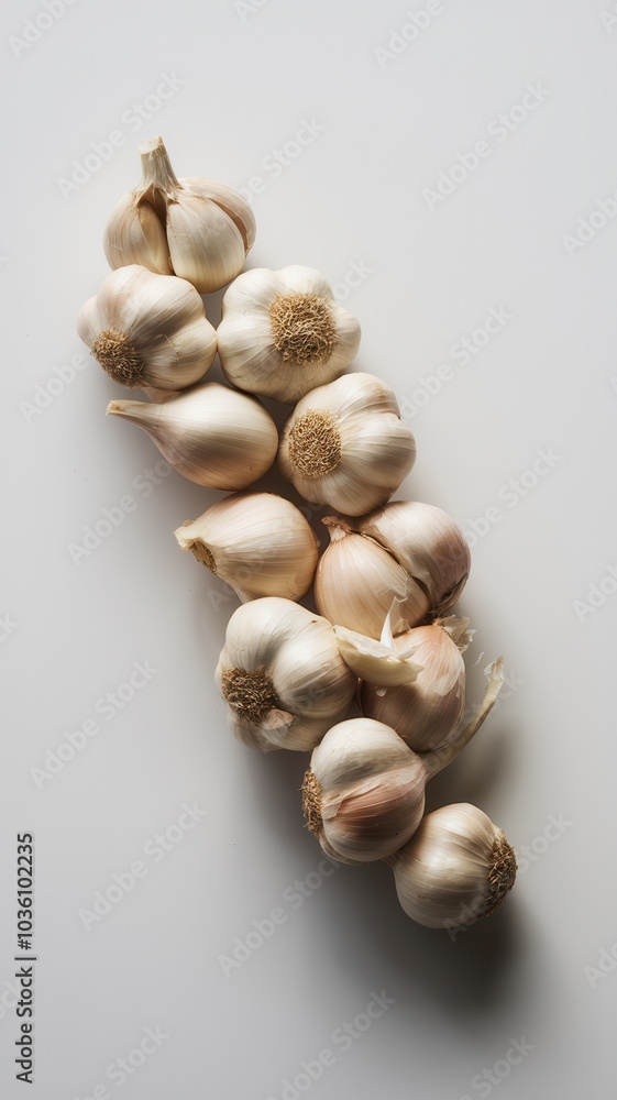 Cluster of garlic cloves with papery skin, arranged in focus Cluster of garlic cloves with papery skin, arranged in focus