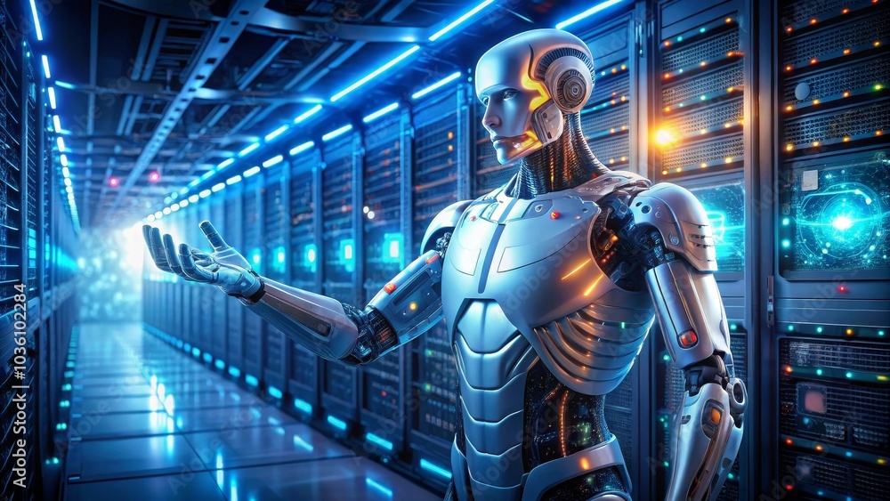Robot is holding a glowing orb of data, representing the power and potential of artificial intelligence in a server room Robot is holding a glowing orb of data, representing the power and potential of artificial intelligence in a server room