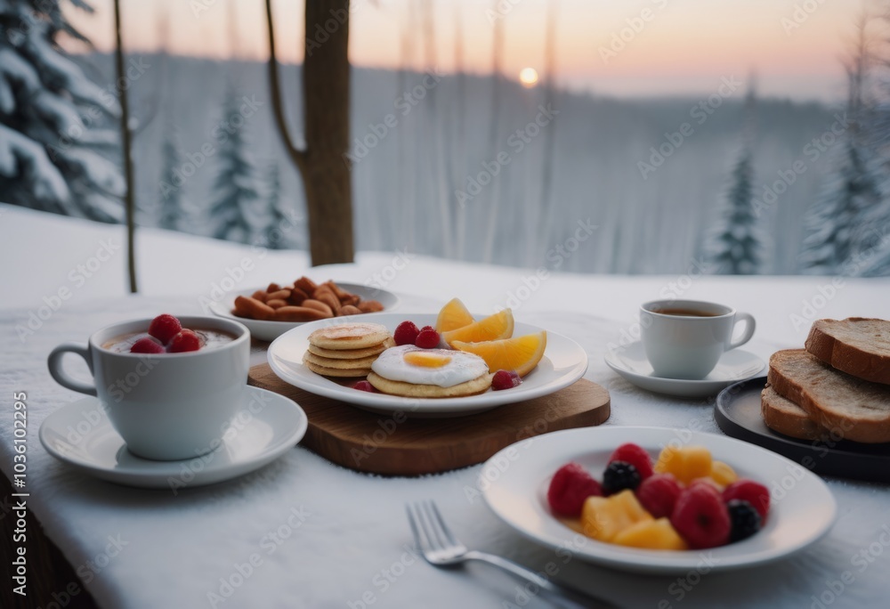 Breakfast with coffee, fruits and pancakes on the table against the background of a winter landscape. Breakfast with coffee, fruits and pancakes on the table against the background of a winter landscape.