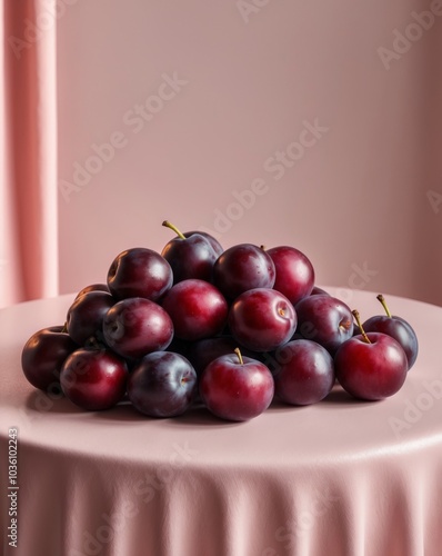 Pile of Plums on Pink Surface with Reflection. photo