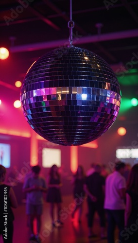 Vibrant disco-themed nightclub with a large glowing mirror ball