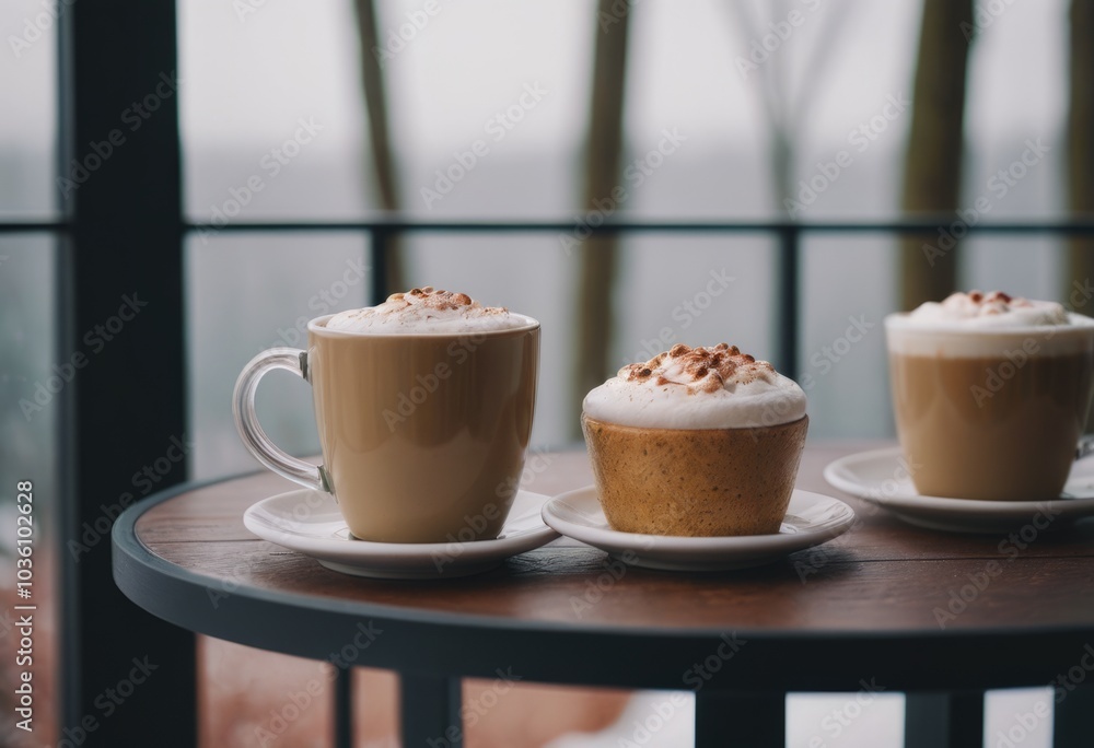 Two cups of cappuccino or latte coffee with whipped cream on wooden table. Two cups of cappuccino or latte coffee with whipped cream on wooden table.