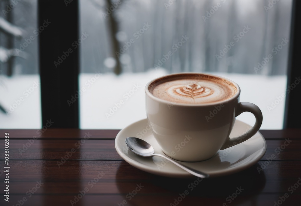 Coffee cup on wooden table in coffee shop in winter. Coffee cup on wooden table in coffee shop in winter.
