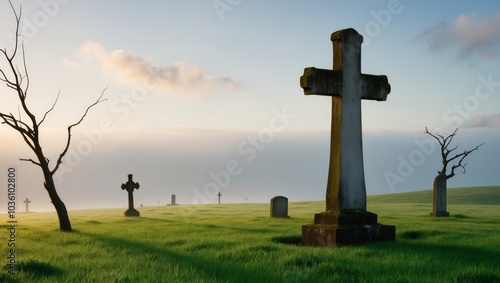 Misty Graveyard with Stone Cross in Serene Landscape.