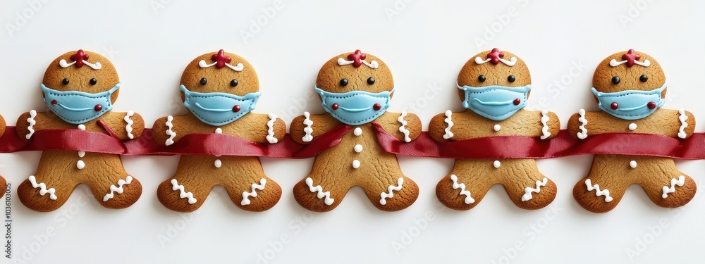 Obraz premium Gingerbread men cookies with icing detail and medical masks, lined up in festive arrangement, symbolizing holiday celebration in unique times