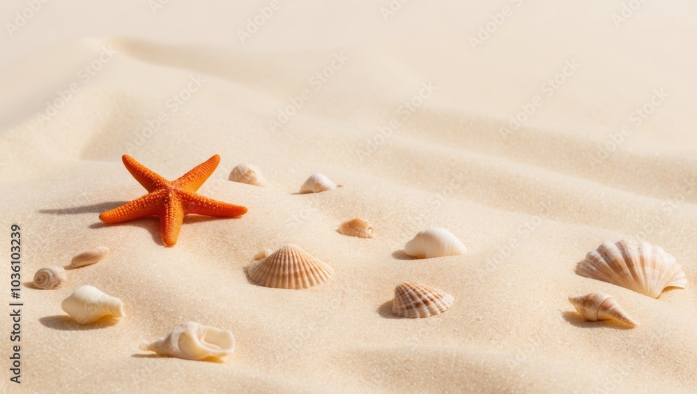 Starfish atop sandy shore beside seashells on sunny day. Starfish atop sandy shore beside seashells on sunny day.
