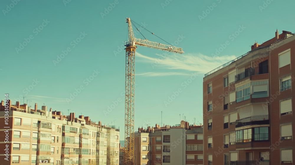A tall construction crane stands in a neighborhood of new apartment buildings in Madrid. A tall construction crane stands in a neighborhood of new apartment buildings in Madrid.