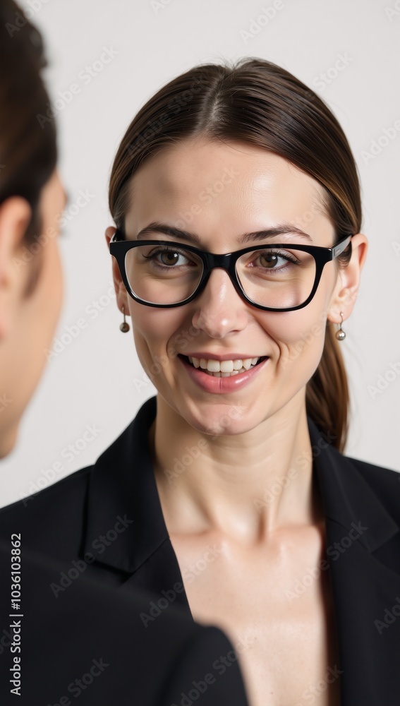 Businesswoman sharing strategy ideas with mentor sporting black glasses and silver earring displaying an animated expression through an open mouth large nose and striking combination of brown and blue Businesswoman sharing strategy ideas with mentor sporting black glasses and silver earring displaying an animated expression through an open mouth large nose and striking combination of brown and blue
