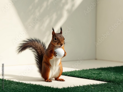 There is a squirrel standing on a green grassy area holding a golf ball. photo