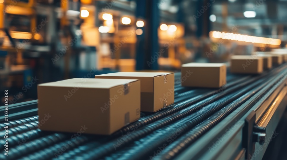 Cardboard boxes moving along a conveyor belt in a packaging production process Cardboard boxes moving along a conveyor belt in a packaging production process