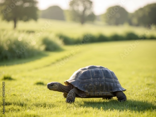 Peaceful Tortoise Grazing on Green Grass in Serene Countryside with Soft Sunlight. photo