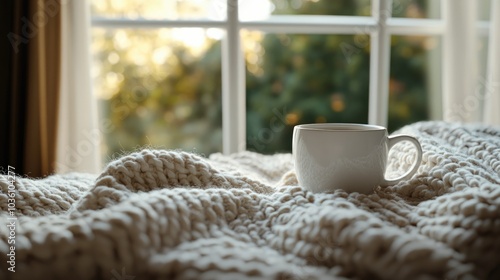 A cozy blanket and a white cup of coffee near a window with soft morning light creating a relaxing atmosphere at home photo