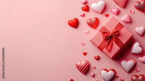 Valentine s Day frame featuring a gift box and an assortment of hearts Flat lay arrangement from above
