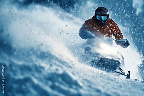 Rider races a snowmobile across pristine snow in a winter wonderland