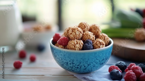 Nutritious breakfast featuring cereal balls fresh milk and berries captured with selective focus photo