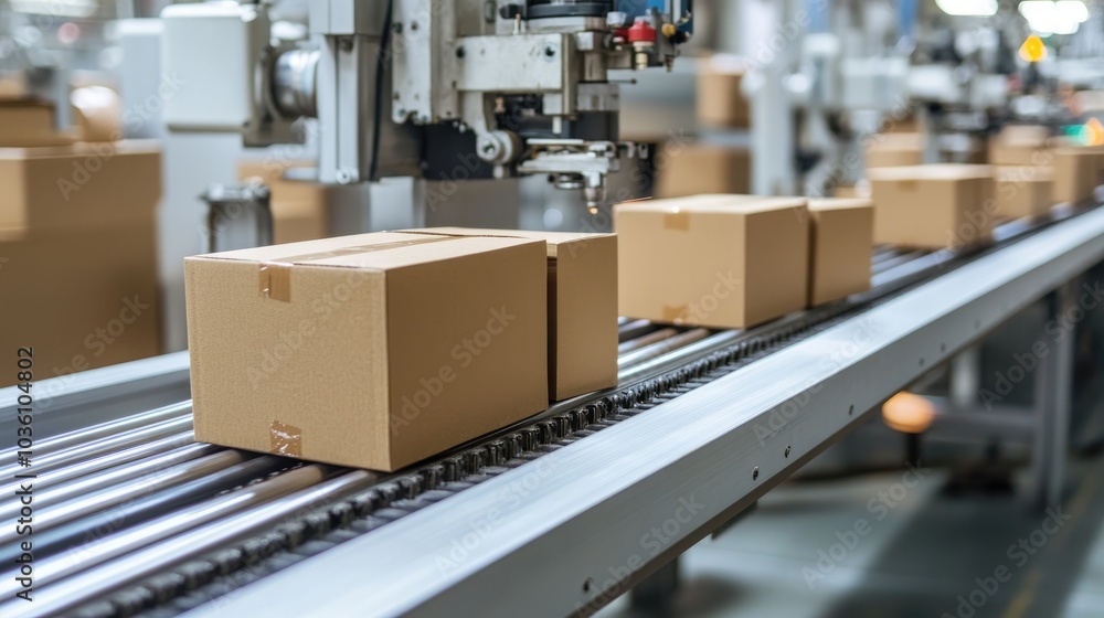 Cardboard boxes moving along a conveyor belt in a packaging production process Cardboard boxes moving along a conveyor belt in a packaging production process