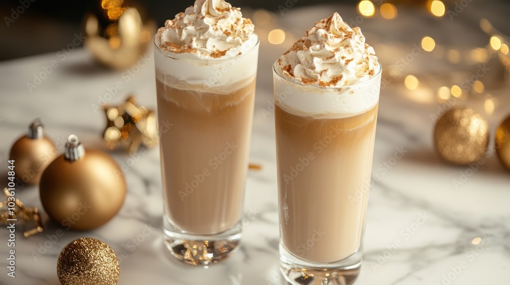 Two tall glasses of iced cappuccino topped with whipped cream showcased on a marble surface alongside decorative ornaments Two tall glasses of iced cappuccino topped with whipped cream showcased on a marble surface alongside decorative ornaments
