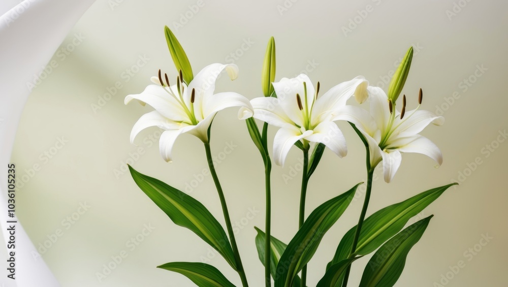Three Elegant White Lily Flowers with Long Stems and Lush Green Leaves on a Neutral Background. Three Elegant White Lily Flowers with Long Stems and Lush Green Leaves on a Neutral Background.