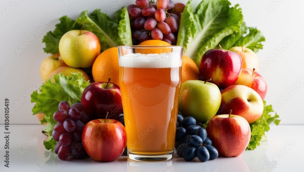 Glass of Beer Surrounded by Fresh Fruit and Vegetables. Glass of Beer Surrounded by Fresh Fruit and Vegetables.