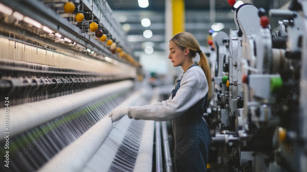 A textile factory worker operates large machines to create fabrics. The machines weave cotton threads together to make cloth for clothing and other products. A textile factory worker operates large machines to create fabrics. The machines weave cotton threads together to make cloth for clothing and other products.