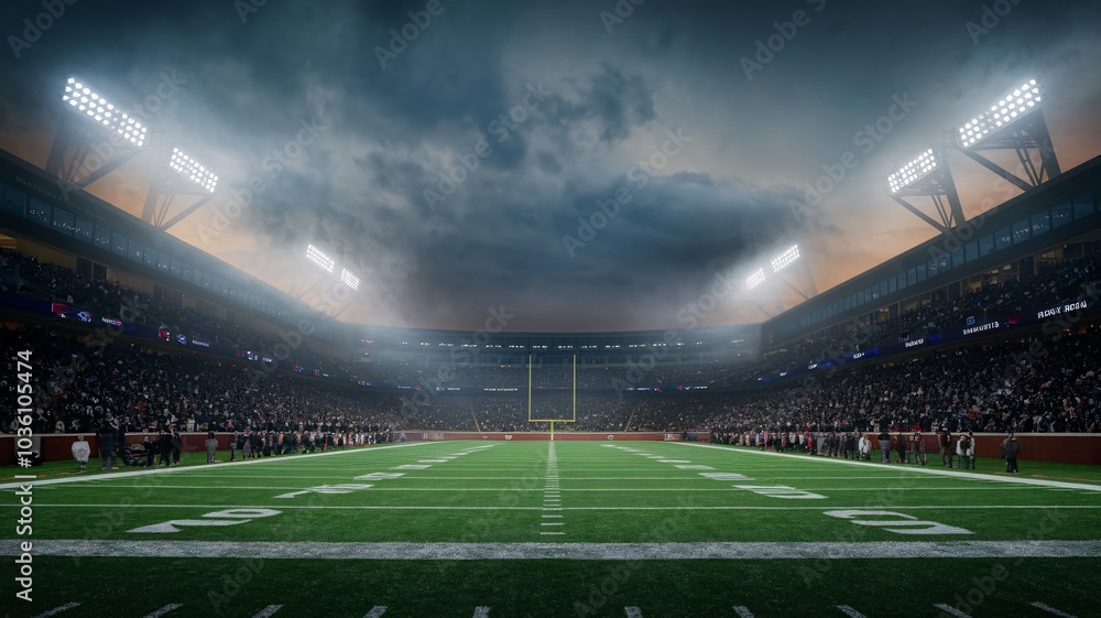 Night Game Under the Lights: Dramatic view of an American football stadium at night, ready for kickoff. The field is bathed in the glow of powerful stadium lights. Night Game Under the Lights: Dramatic view of an American football stadium at night, ready for kickoff. The field is bathed in the glow of powerful stadium lights.