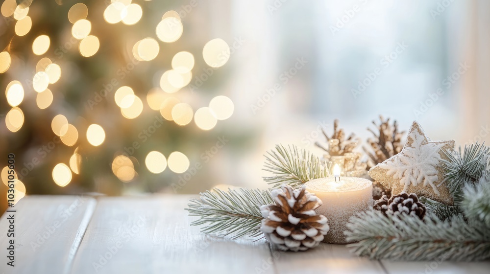 Festive holiday decor arranged on a white tabletop with a soft bokeh light background Festive holiday decor arranged on a white tabletop with a soft bokeh light background