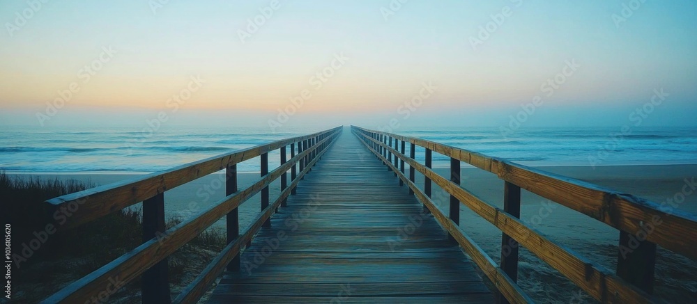 Obraz premium Wooden walkway leading to the ocean at sunrise with a foggy horizon.