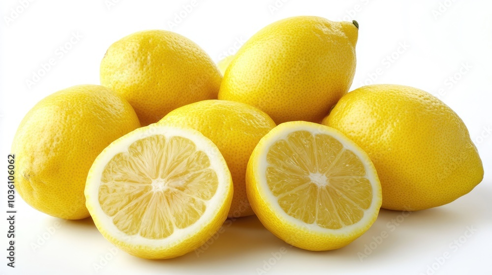 Assorted fresh lemons displayed against a white background Assorted fresh lemons displayed against a white background