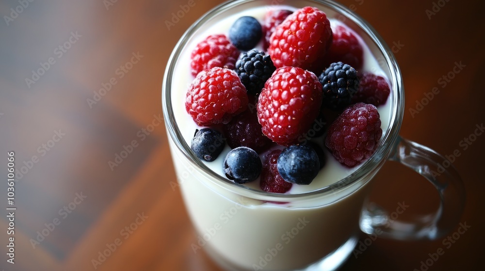 Wholesome breakfast or dessert featuring natural yogurt in a glass mug topped with fresh ripe berries Wholesome breakfast or dessert featuring natural yogurt in a glass mug topped with fresh ripe berries
