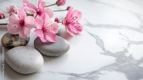 Spa stones paired with pink flowers on a marble surface