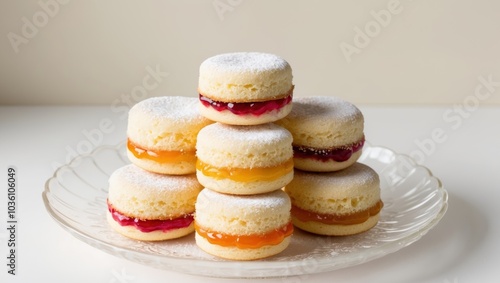 Miniature Victoria Sponge Cakes Displayed on a Glass Plate.