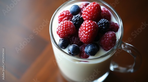 Wholesome breakfast or dessert featuring natural yogurt in a glass mug topped with fresh ripe berries