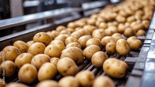 Freshly harvested potatoes on a conveyor belt in a food processing facility photo