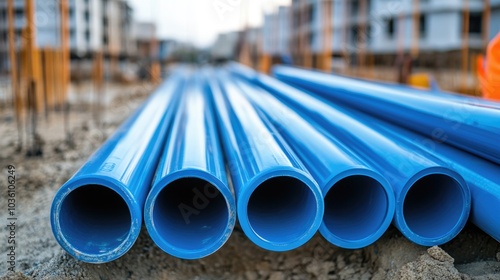 Essential blue PVC pipes for the installation of a new water system at a construction site