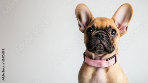 Tan French Bulldog puppy wearing a pink collar against a white backdrop