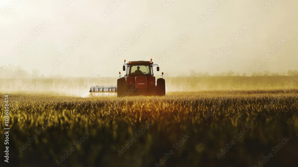 Fototapeta premium A tractor is spraying pesticides on a field of soybeans in the springtime.