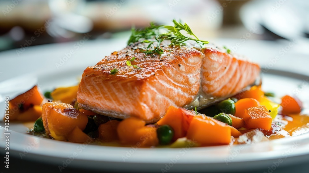 Smoked salmon served with sauteed vegetables as the main course Smoked salmon served with sauteed vegetables as the main course