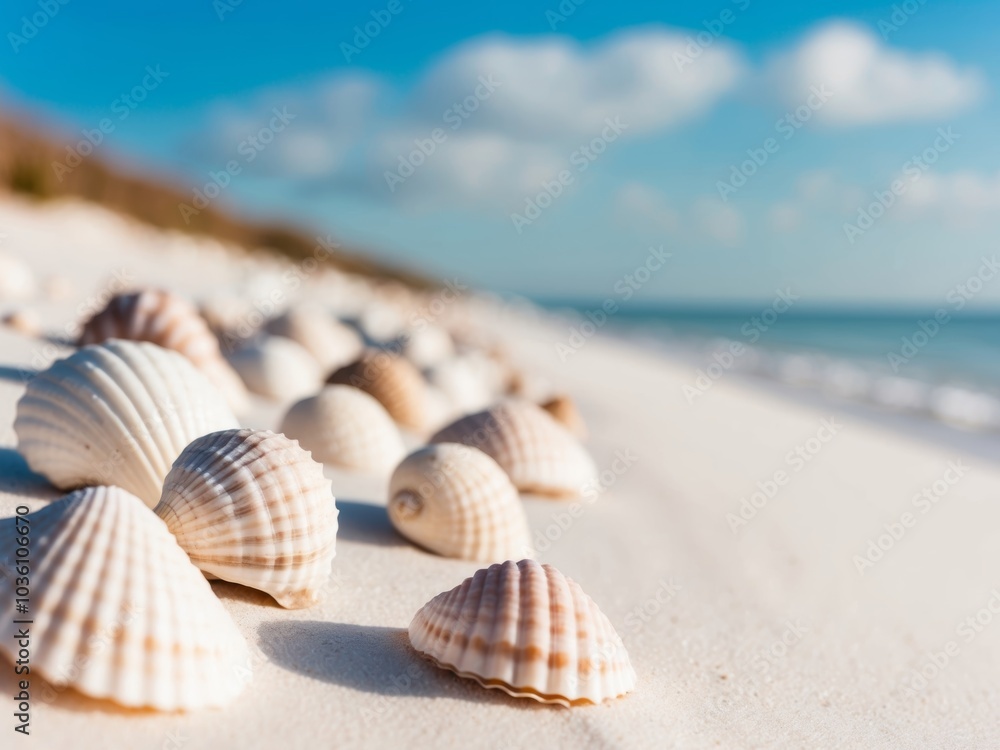 Seashells Lining a Serene Beach Shoreline. Seashells Lining a Serene Beach Shoreline.