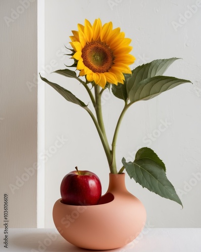 Sunflower and Apple Arrangement in a Grapefruit Vase. photo