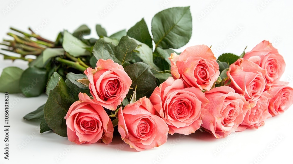 Obraz premium Vibrant bouquet of fresh pink roses isolated on a white backdrop