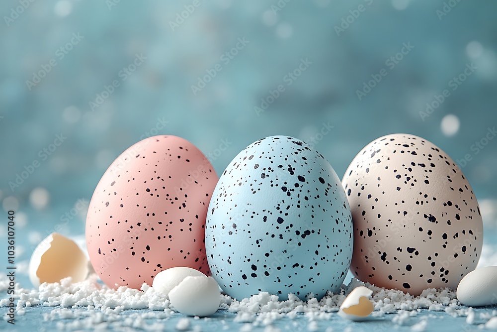 Three colorful Easter eggs on a snowy blue background Three colorful Easter eggs on a snowy blue background