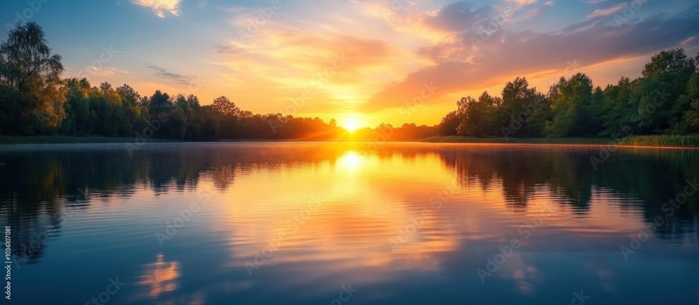 Fototapeta premium Tranquil lake reflecting a vibrant sunset over a lush forest, with peaceful ripples in the water.