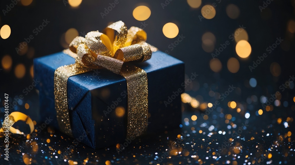 Elegant blue gift box adorned with a golden ribbon and confetti on a dark backdrop featuring bokeh and sparkles perfect for celebrations and special occasions Ample space for text Elegant blue gift box adorned with a golden ribbon and confetti on a dark backdrop featuring bokeh and sparkles perfect for celebrations and special occasions Ample space for text