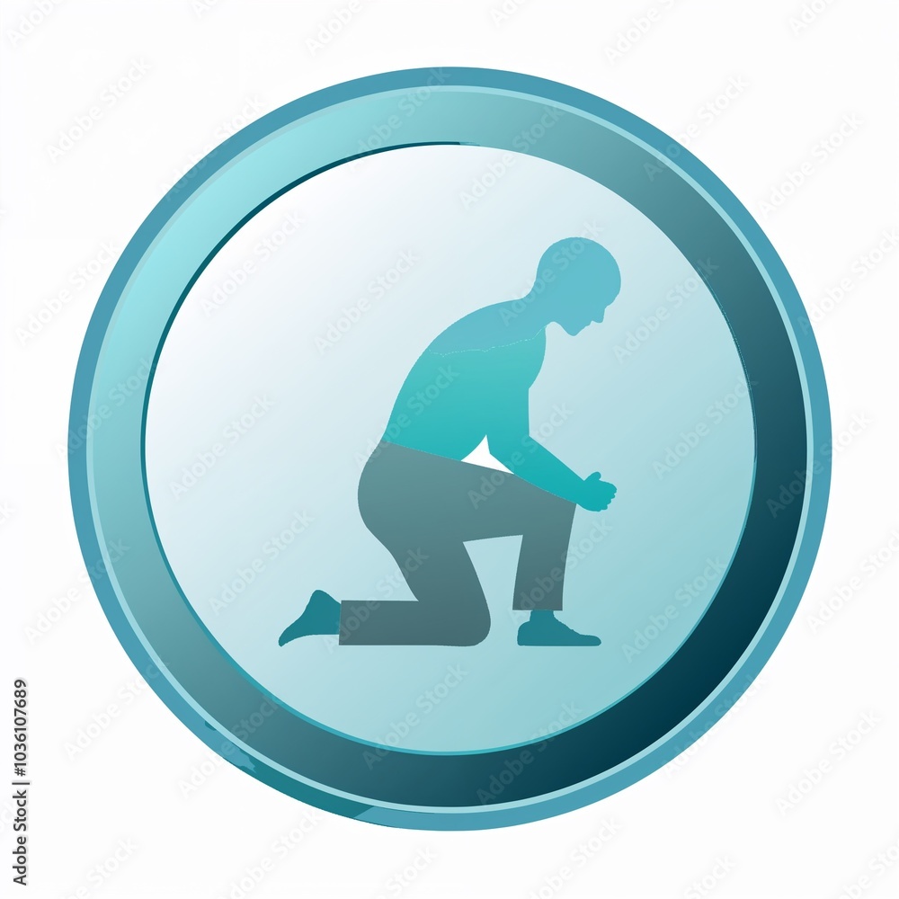 Illustration of a person kneeling in a turquoise circle, symbolizing fitness and exercise with copy space Illustration of a person kneeling in a turquoise circle, symbolizing fitness and exercise with copy space