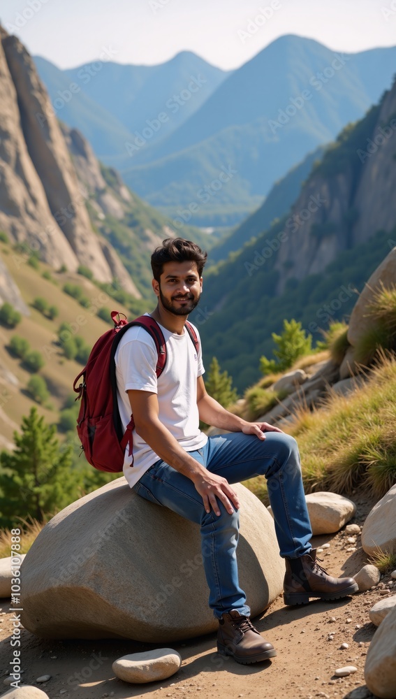 Fototapeta premium Mature Indian hiker takes a rest with his backpack amidst rocky landscapes