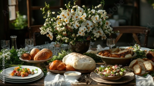 Frühlingshaftes Osteressen mit frischem Brot und Blumenarrangements für festliche Zusammenkünfte photo