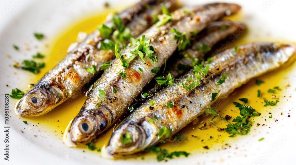 Delicately marinated anchovies garnished with parsley drizzled with olive oil and vinegar presented against a white background Delicately marinated anchovies garnished with parsley drizzled with olive oil and vinegar presented against a white background
